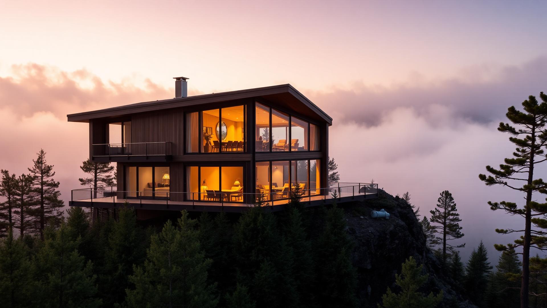 Luxury forest villa above the clouds at golden hour
